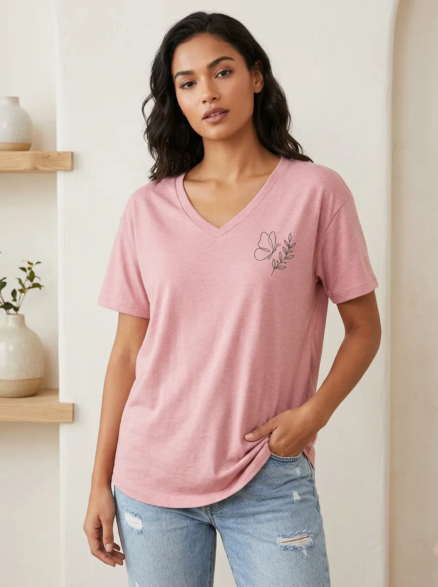 Women's Nature Lover Butterfly Floral Line Art Printed V-Neck T-Shirt