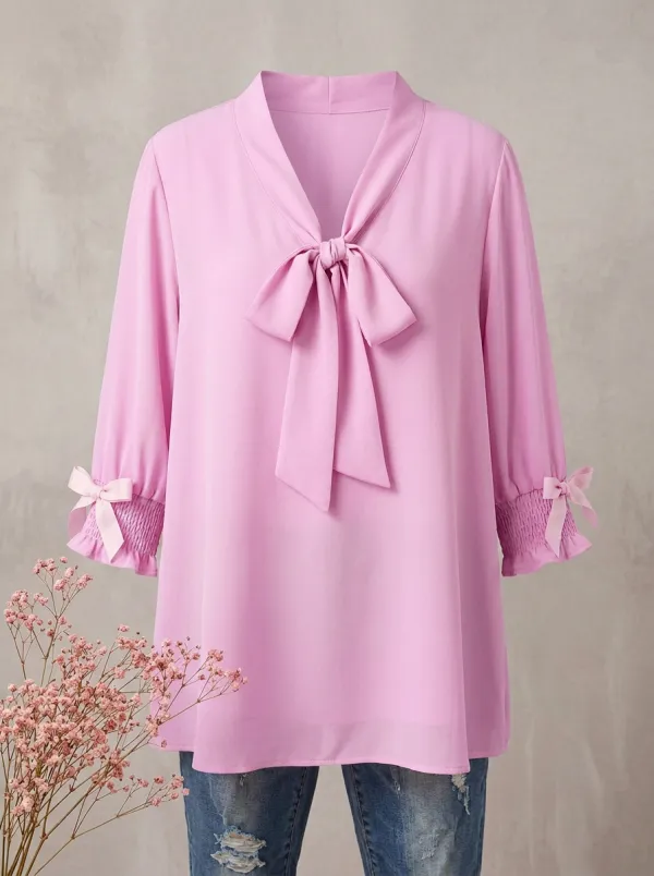 Women's V-neck Tie-neck Smocked Cuff Blouse