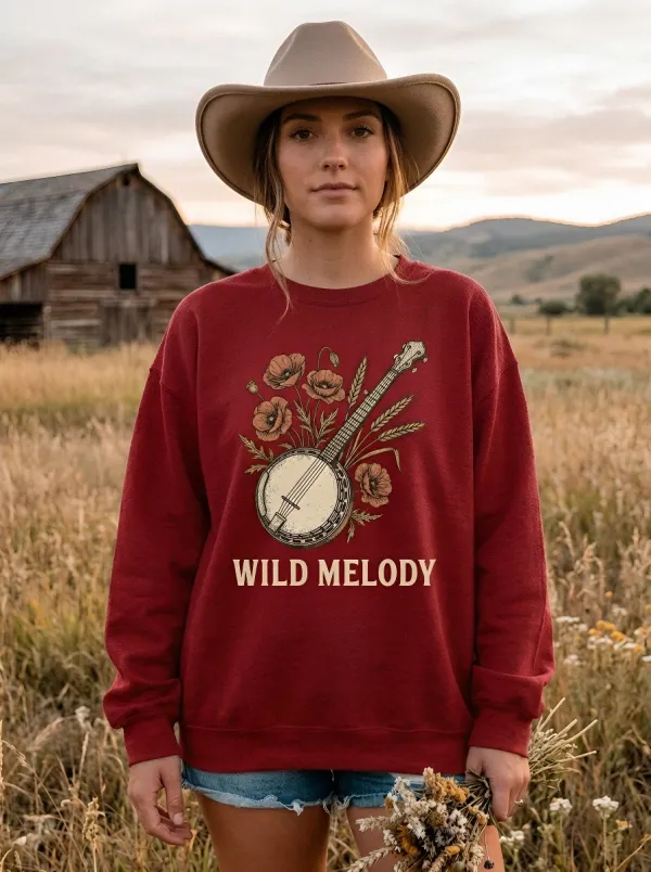 Country Music Wild Melody Banjo Poppy Flower Crew Neck Sweatshirt