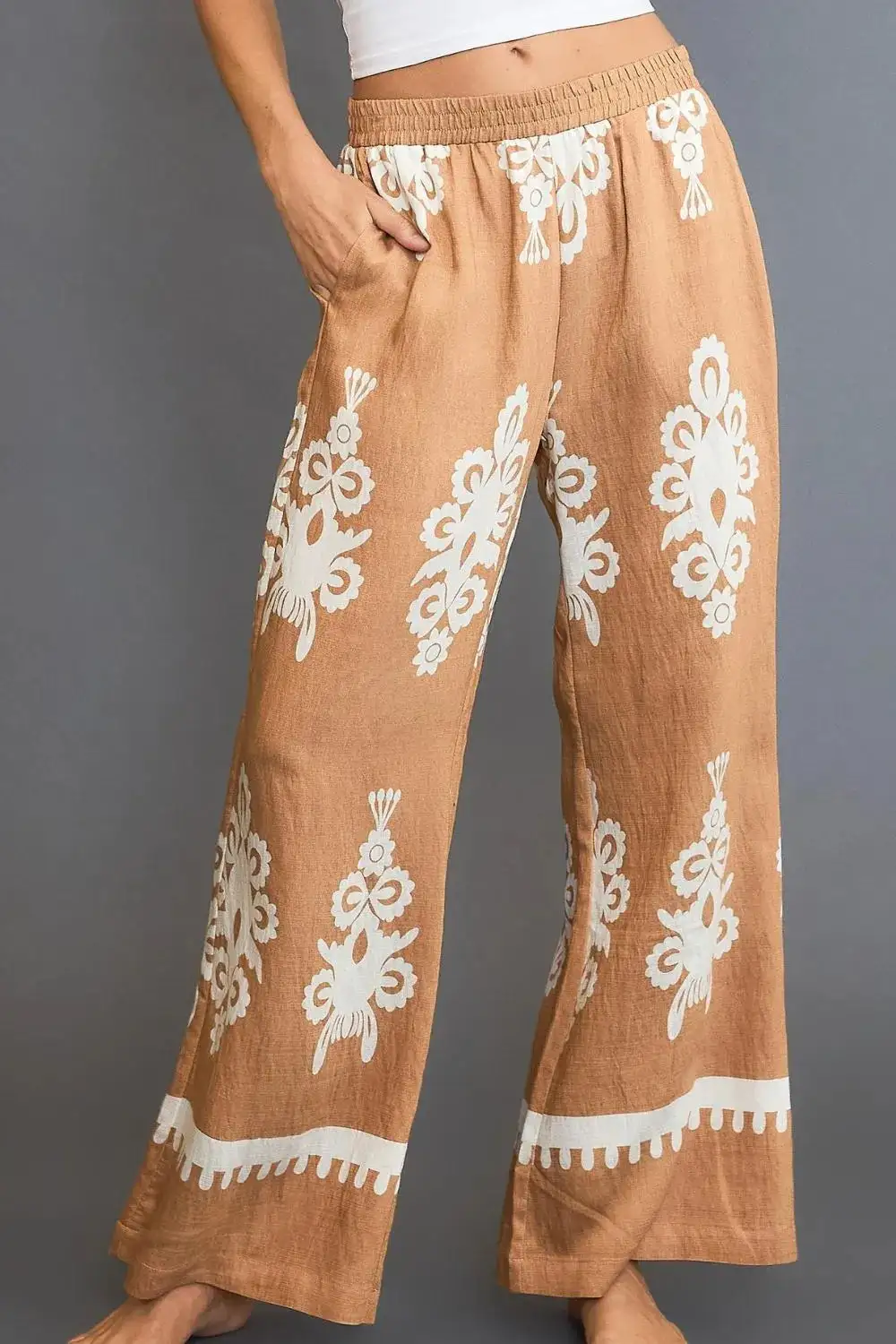 Wide Leg Printed Cropped Pocketed Pants