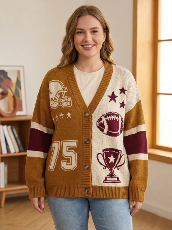 Women's Classic Bold Gridiron Helmet Trophy Ball Knit Cardigan
