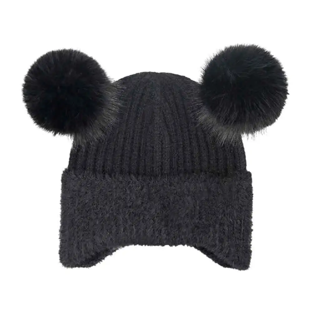 Faux Fur Earflap Double Pom Beanie