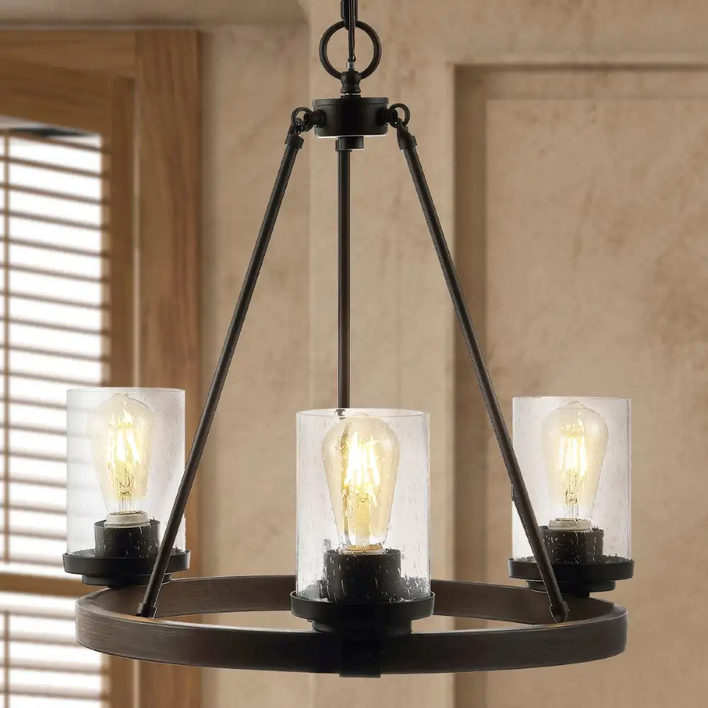 Triple-Light Iron Seeded Glass Rustic Farmhouse LED Chandelier