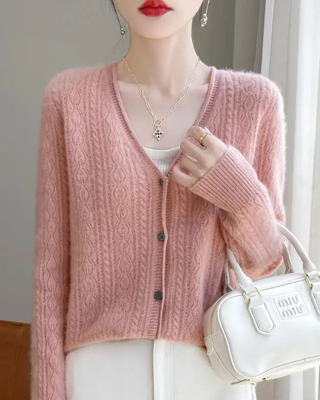 Merino-Wool Wool Button-Front V-Neck Cardigan