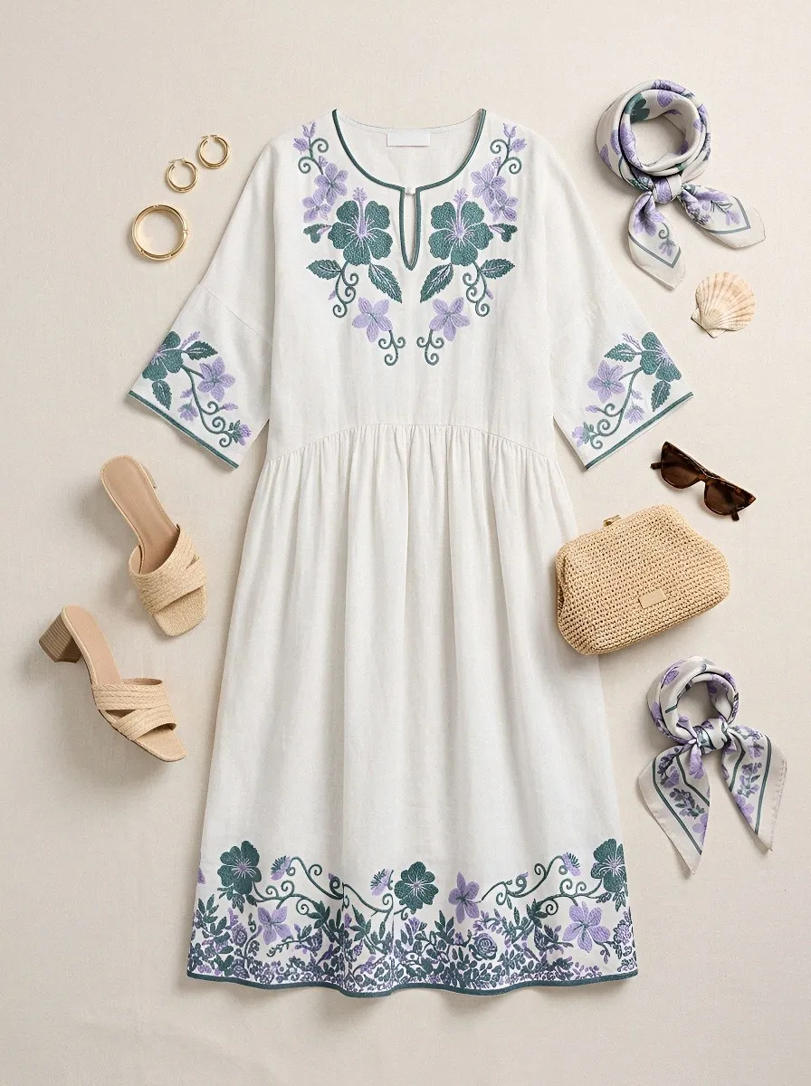 Women's Summer Vacation Floral Embroidered Printed Dress