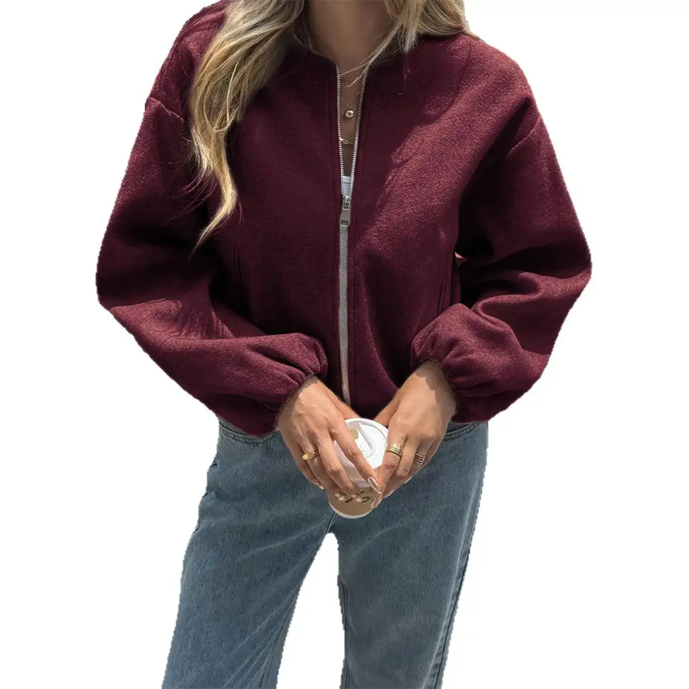 Textured Zip Front Elastic Hem Bomber Jacket