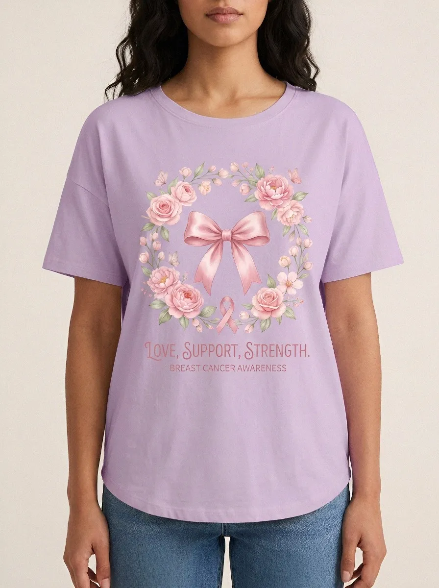 Women's Breast Cancer Awareness Floral Ribbon Bow Printed T-shirt