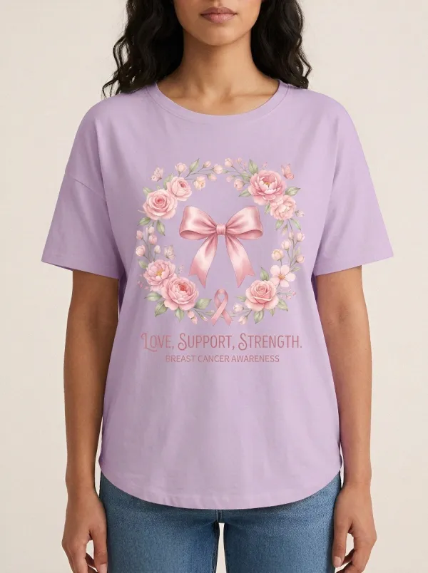 Women's Breast Cancer Awareness Floral Ribbon Bow Printed T-shirt