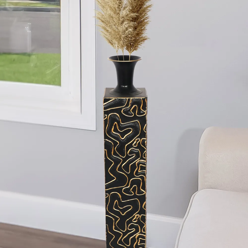 Tall Black and Gold Patterned Pedestal with Vase, Home Decor for Luxurious and Artistic Display