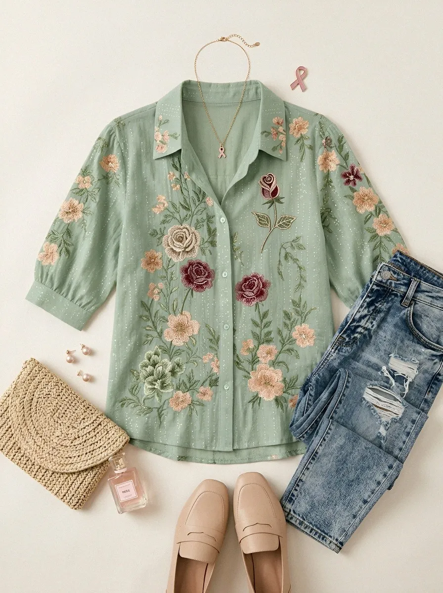 Women's Breast Cancer Awareness Rose Floral Embroidered Printed Shirt