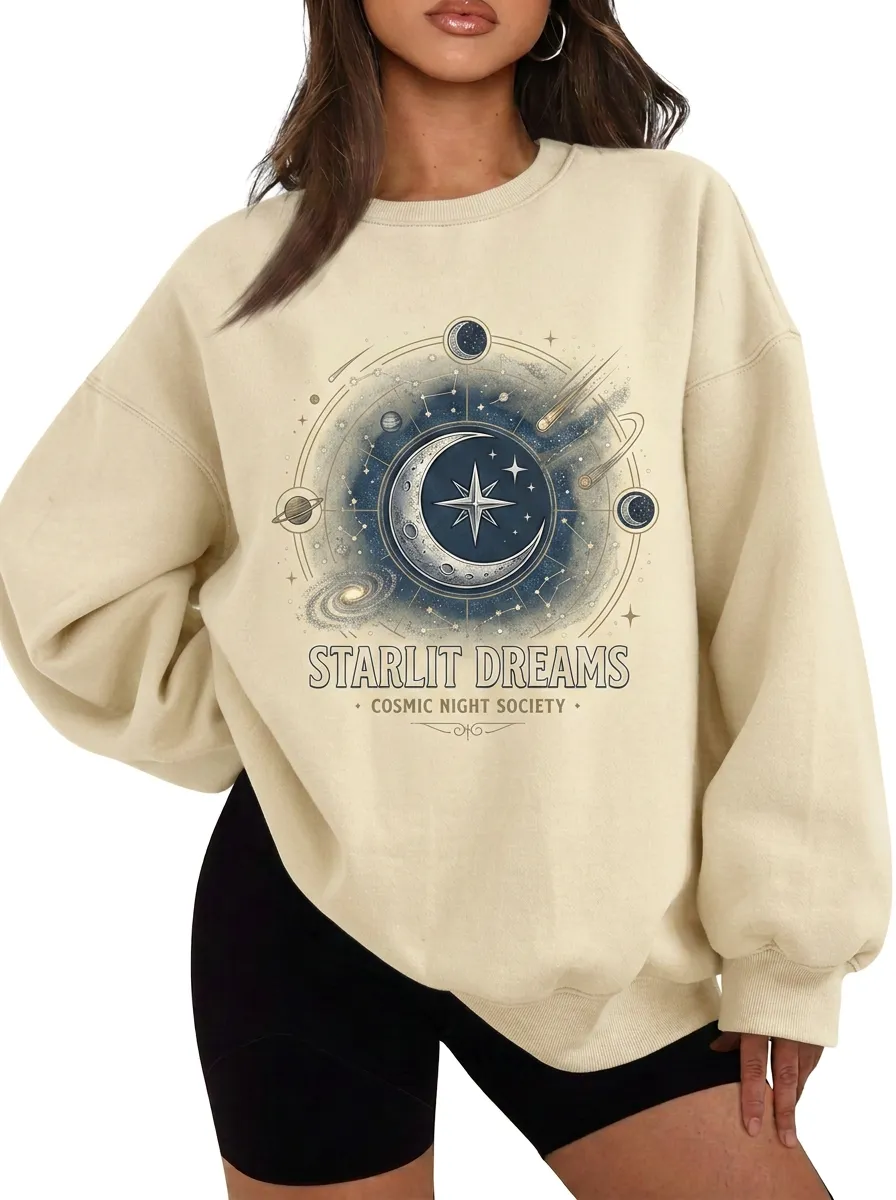 Women's Starlit Dreams Cosmic Moon Stars Printed T-shirt