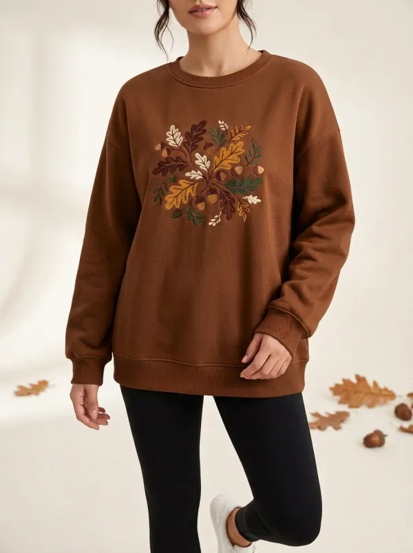 Layered Printed Acorn Leaf-Motif Graphic Sweatshirt
