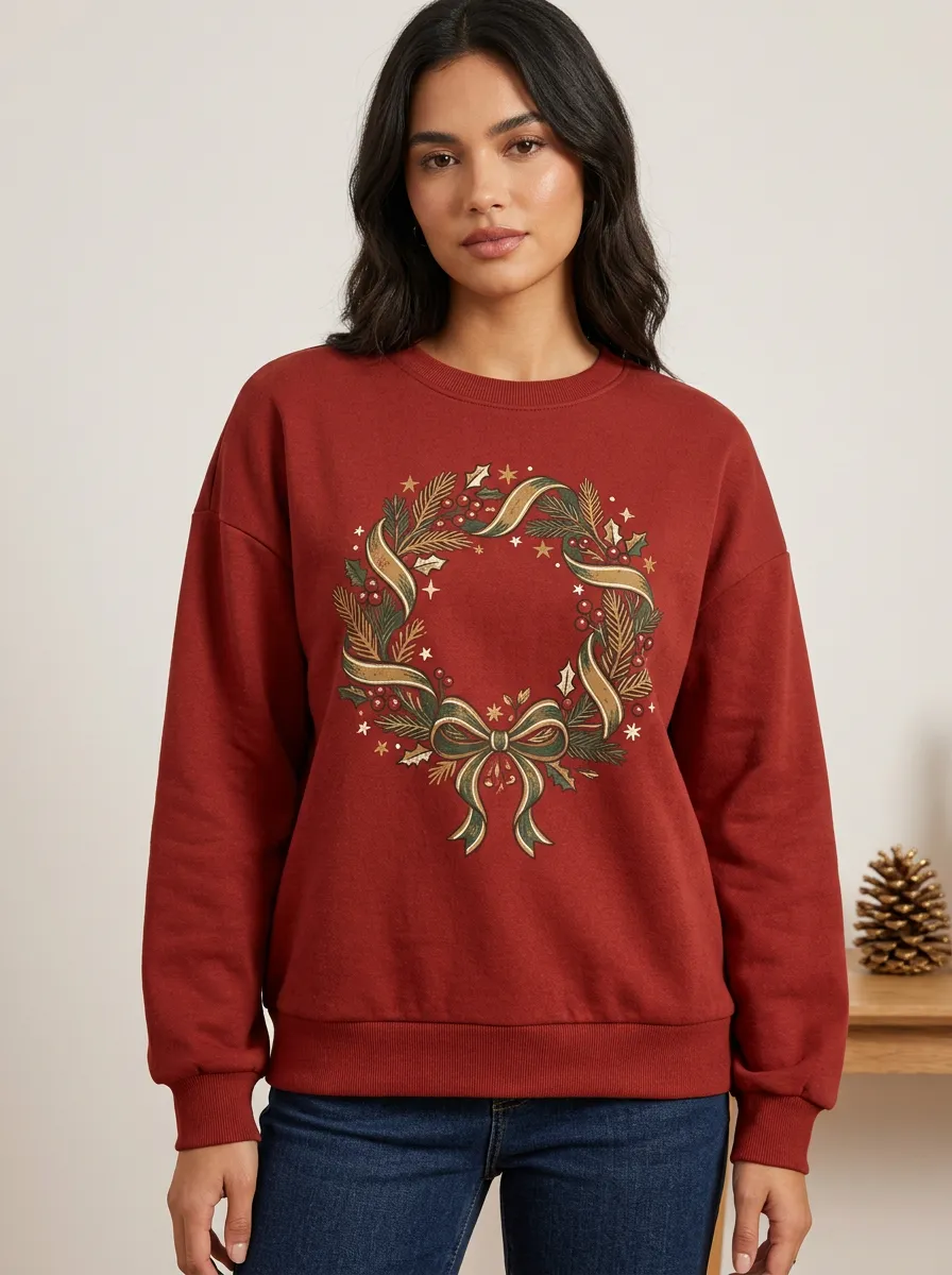 Festive Christmas Holiday Wreath Bow Print Sweatshirt