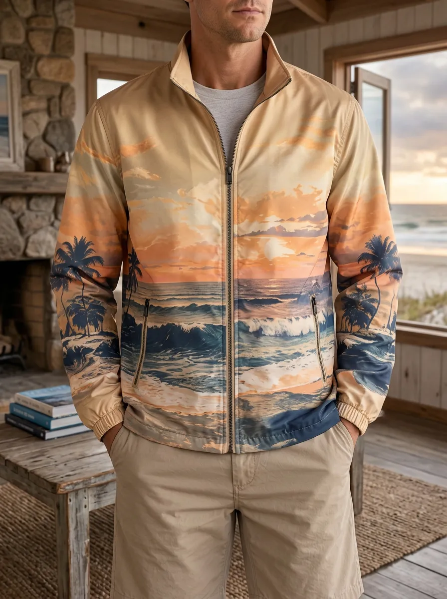 Men's Tropical Beach Sunset Palm Tree Rugged Journey Jacket