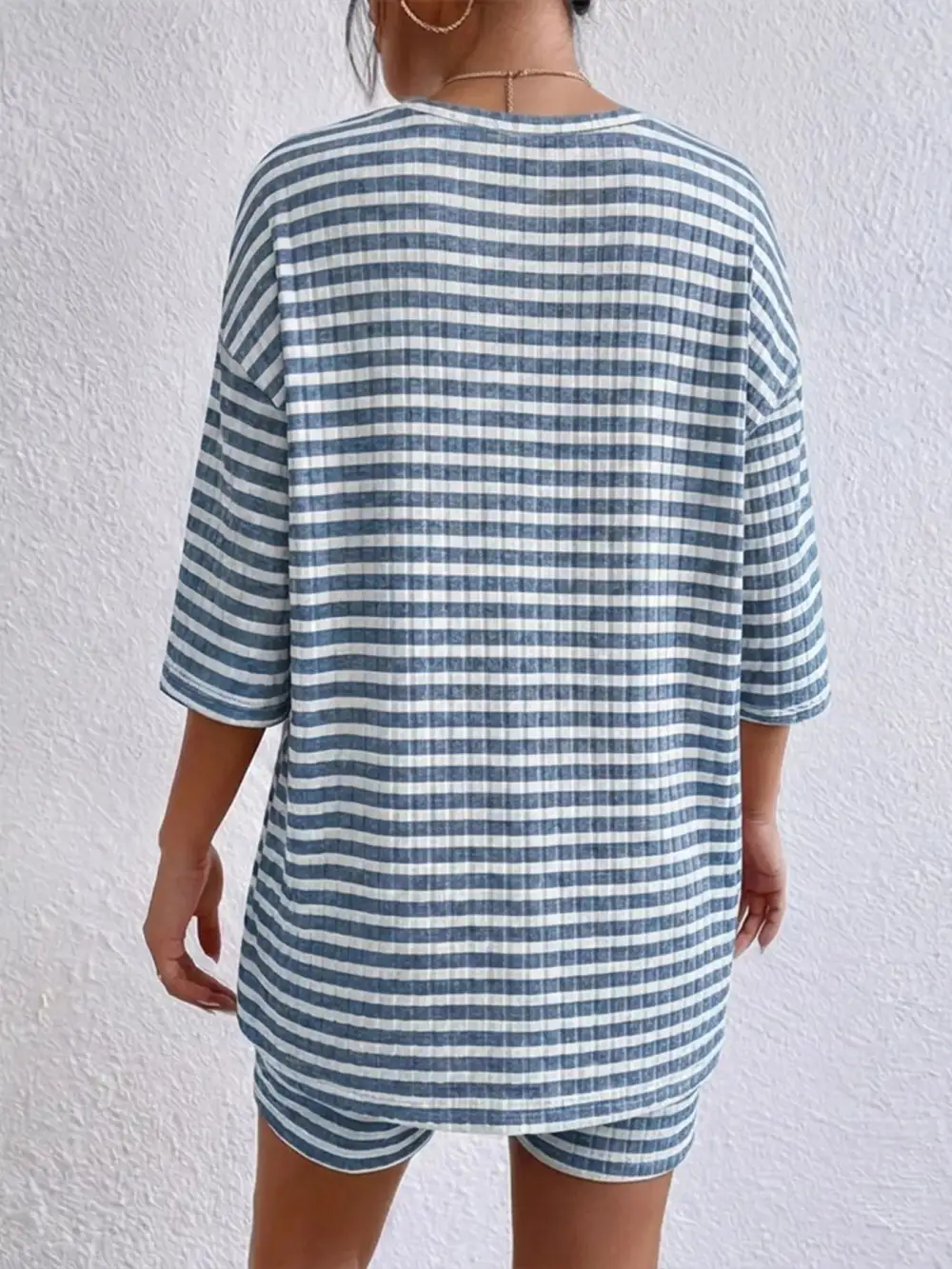 Striped Round Neck Top Shorts Set
