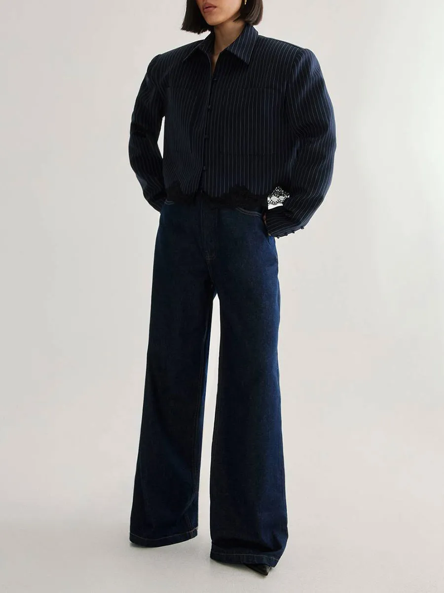 Women's Navy Striped & Lace-Paneled Cropped Shirt