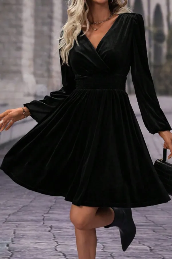 Surplice Long-Sleeve Velvet Casual Dress