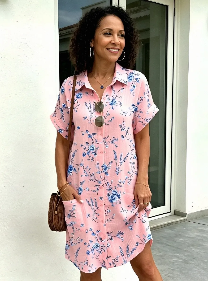 Women's Summer Vacation Blue Floral Olive Green Printed Shirt Dress
