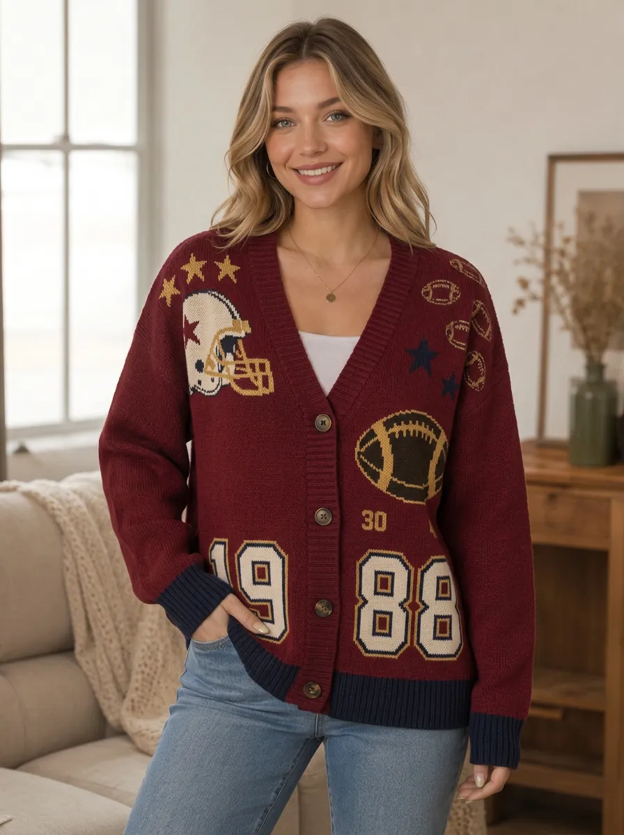 Women's Football Fan Helmet 1988 Pattern Knitted Cardigan