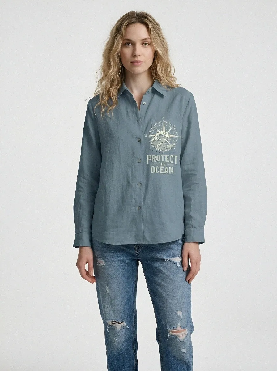 Women's Ocean Lover Compass Wave Protect The Ocean Printed Shirt