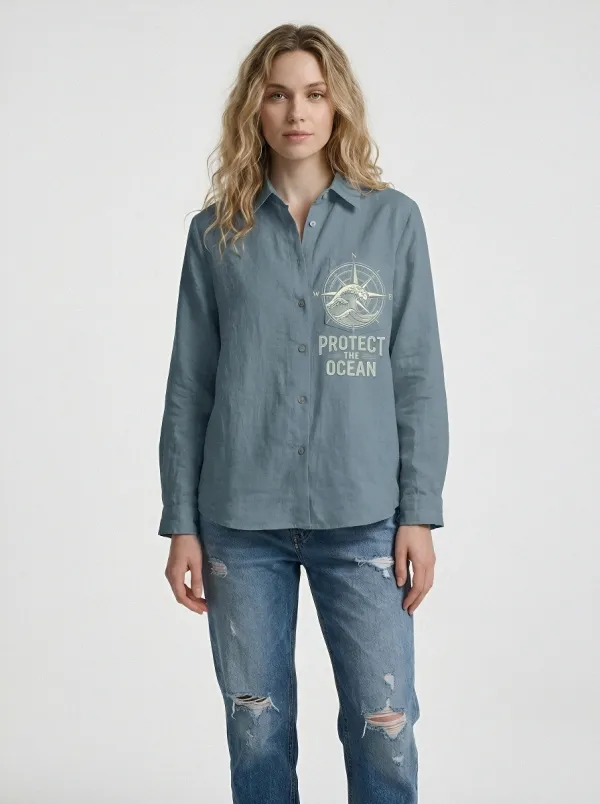 Women's Ocean Lover Compass Wave Protect The Ocean Printed Shirt