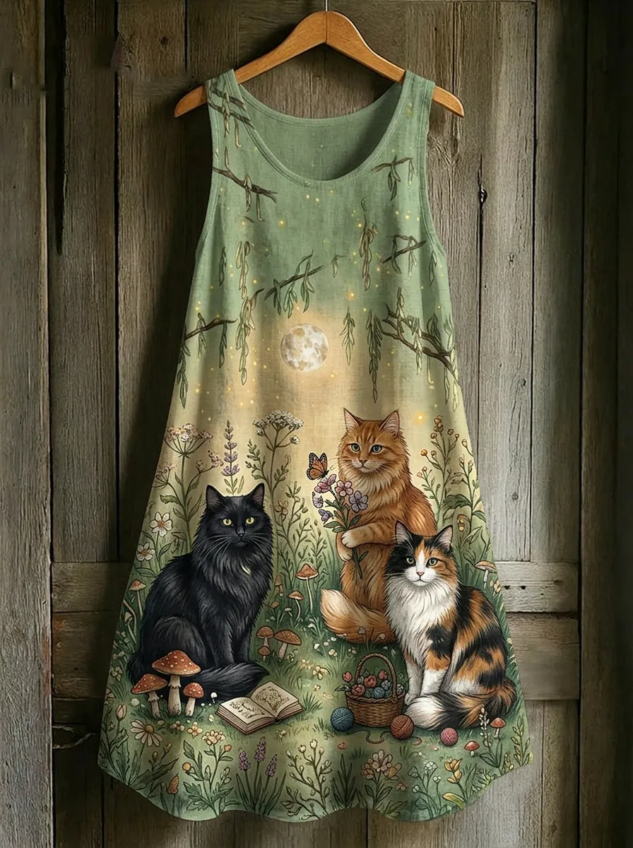Women's Cat Lover Forest Moon Printed Cotton Linen Dress