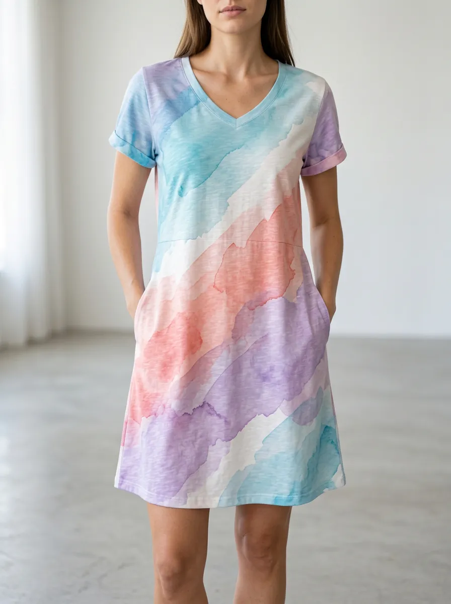 Women's Short Sleeve Watercolor Print V-Neck T-Shirt Dress