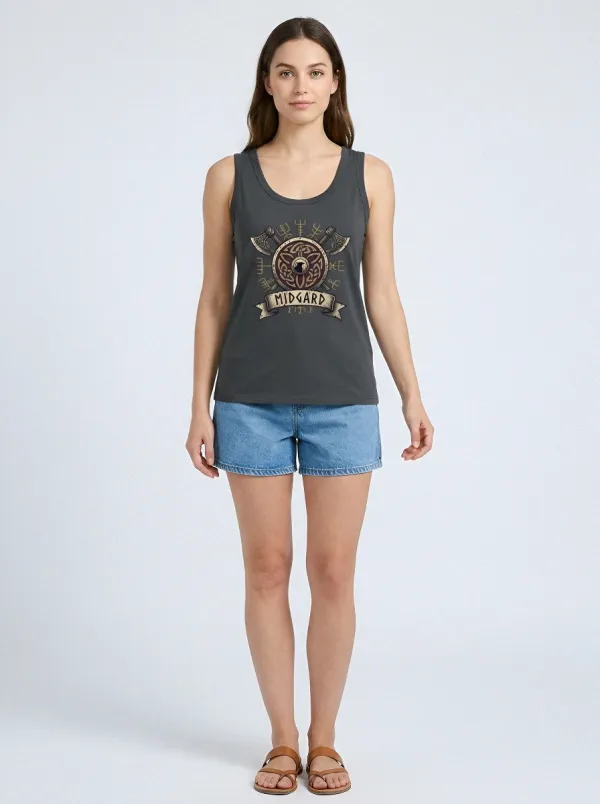 Women's Viking Midgard Raven Axe Shield Printed Tank Top