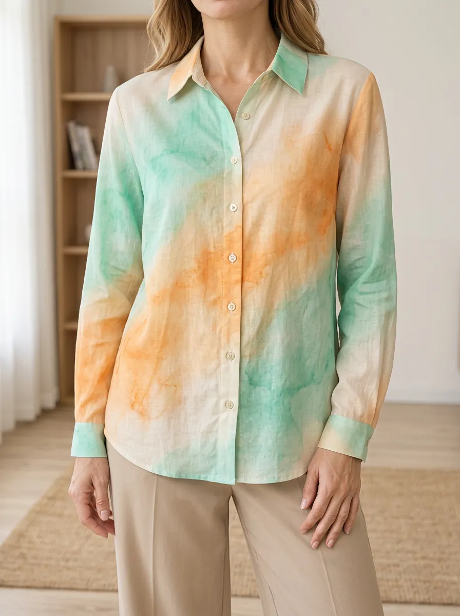 Women's Green and Orange Watercolor Tie-Dye Printed Shirt