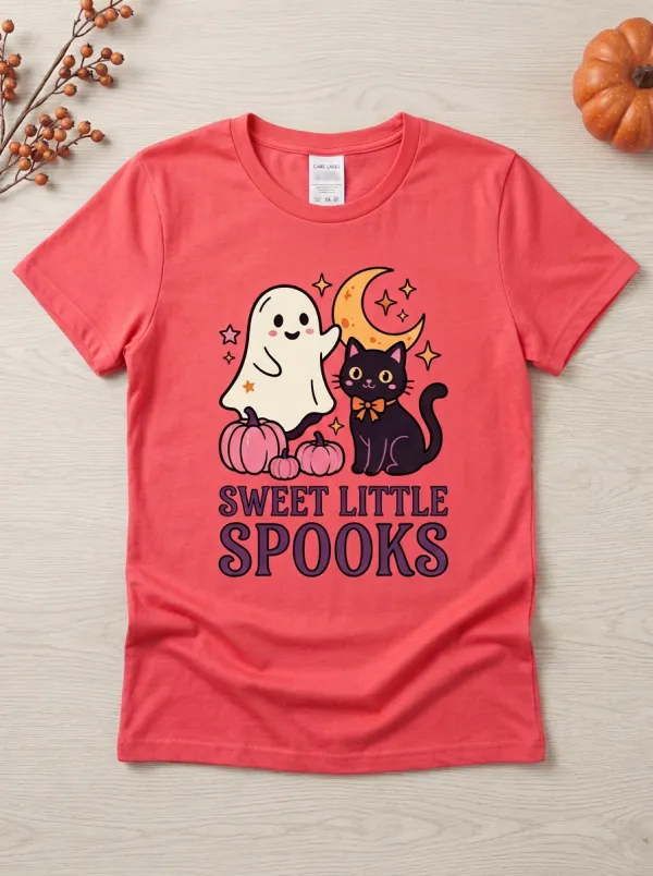 Moonlit Ghost Cat Halloween Graphic T-Shirt