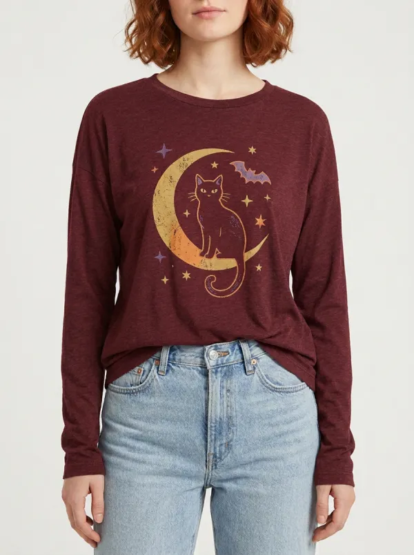 Women's Halloween Black Cat Moon Bat Stars Printed Long Sleeve T-shirt