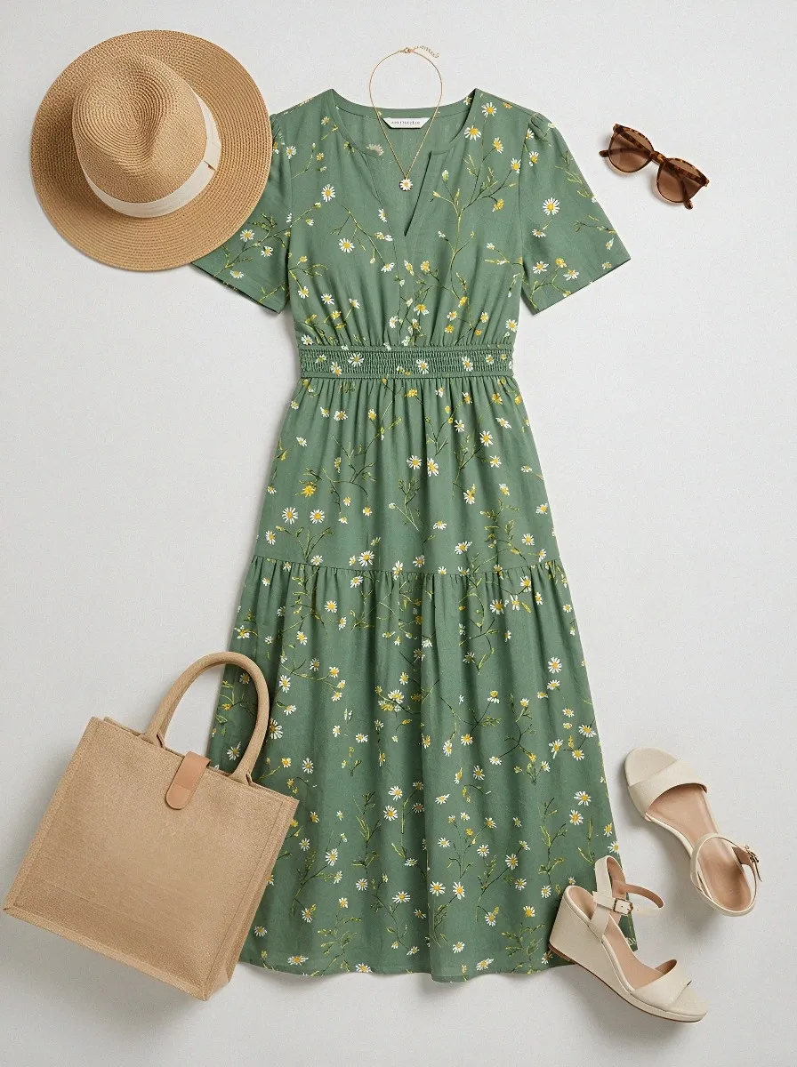 Women's Summer Vacation Daisy Floral Printed Midi Dress