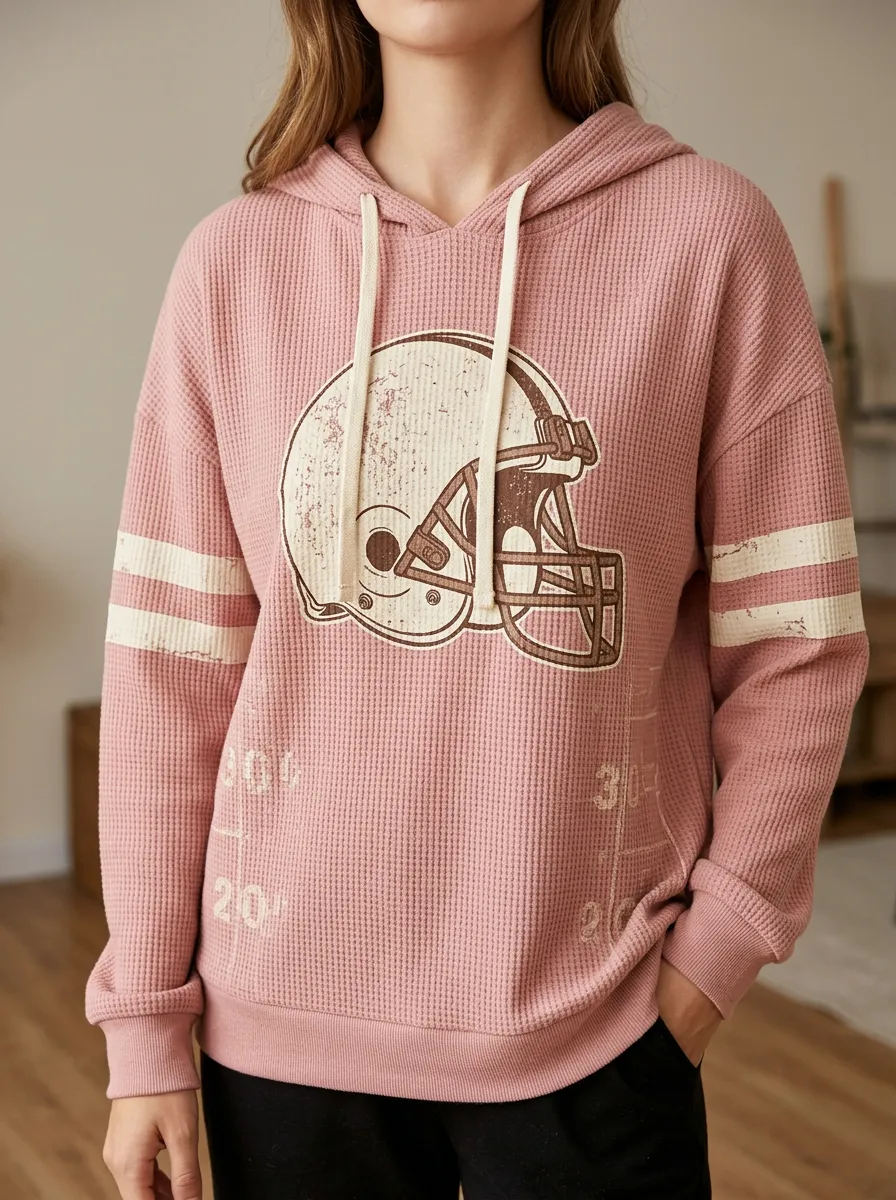 Women's Game Day Football Fan Distressed Helmet Printed Waffle Hoodie