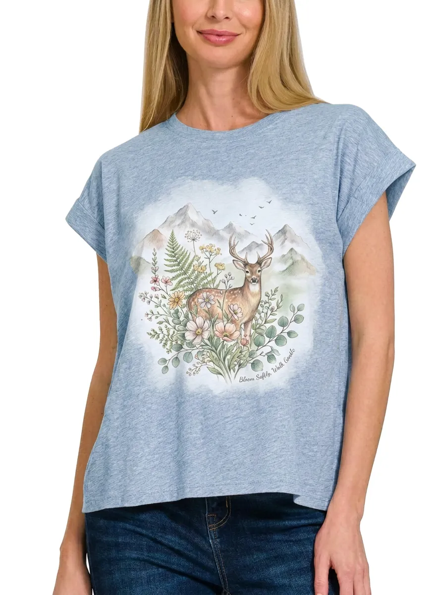 Women's Nature Lover Deer Floral Mountain Printed T-shirt