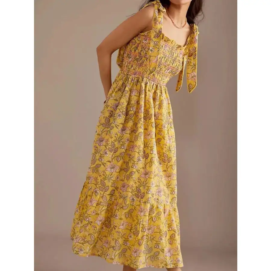 Smocked Tie-Shoulder Midi Dress