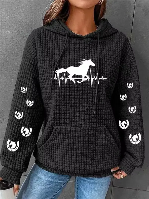 Horse Heartbeat Waffle Print Sweatshirt
