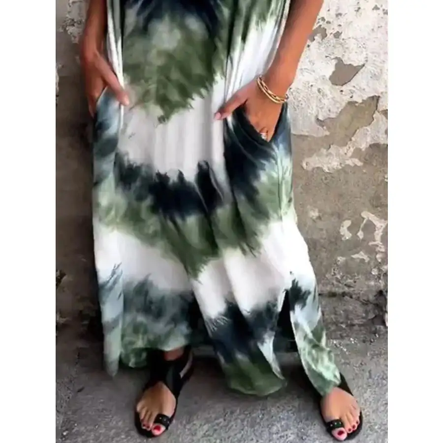 Full Size Tie-Dye V-Neck Midi Dress with Pockets Plus Size