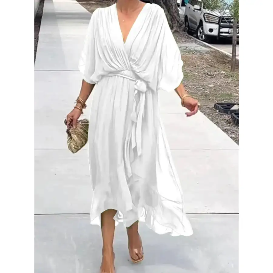 Full Size Flowy Tie Front Midi Dress with Flutter Sleeves Plus Size