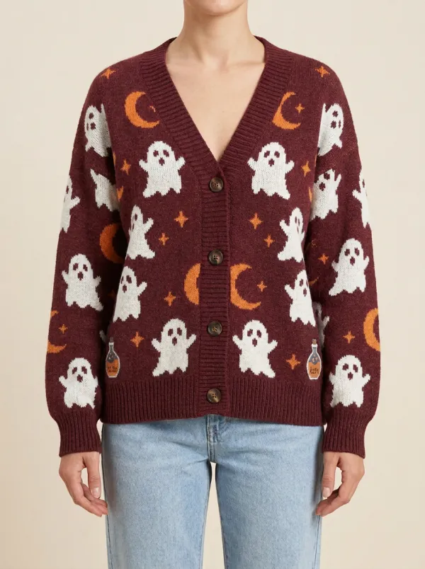 Women's Halloween Ghost Moon Potion Pattern Knitted Cardigan