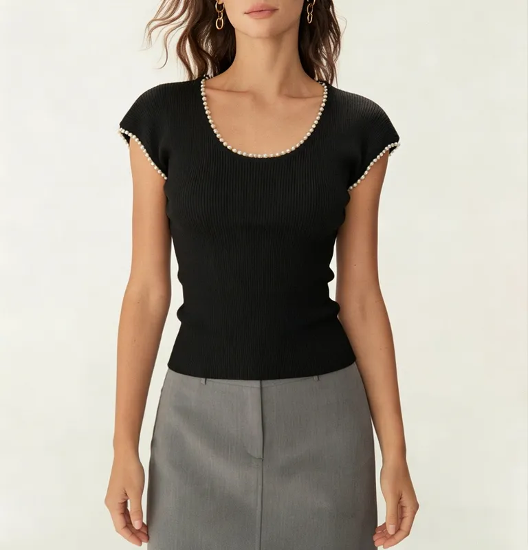Black U Neck Pearl Tee