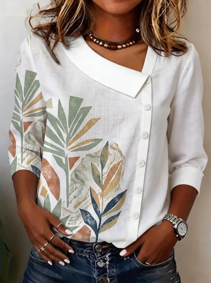 Asymmetrical Collar Abstract Leaf Print Blouse - Elegant Side-Button Top