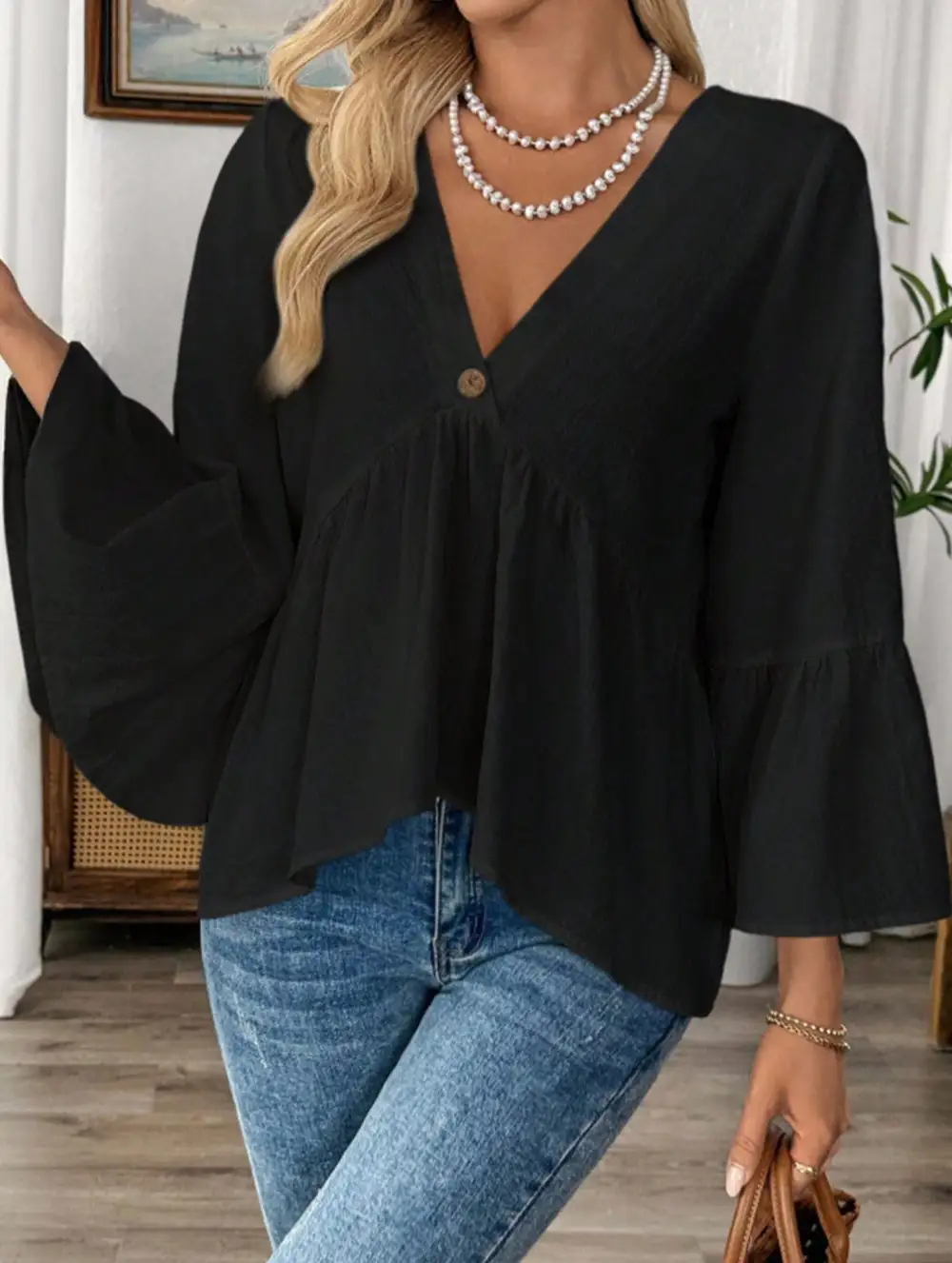V Neck Ruffle Sleeve Cotton Blouse