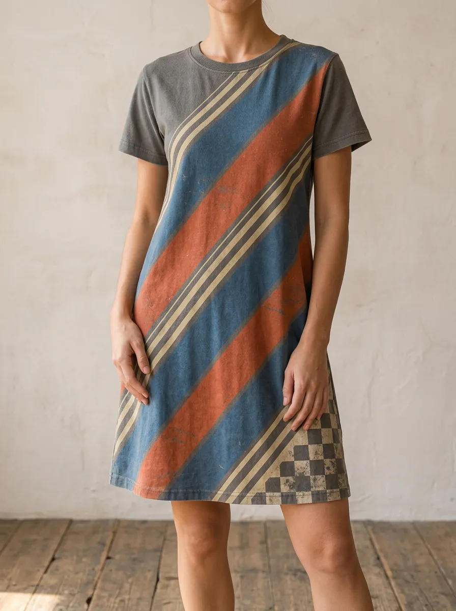 Women's Vintage Style Diagonal Stripe Checkerboard Printed Dress