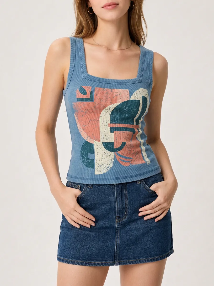 Women's Abstract Geometric Art Printed Ribbed Tank Top