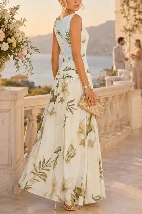 Margovil Boat Neck Sleeveless Floral Print A-line Maxi Dress