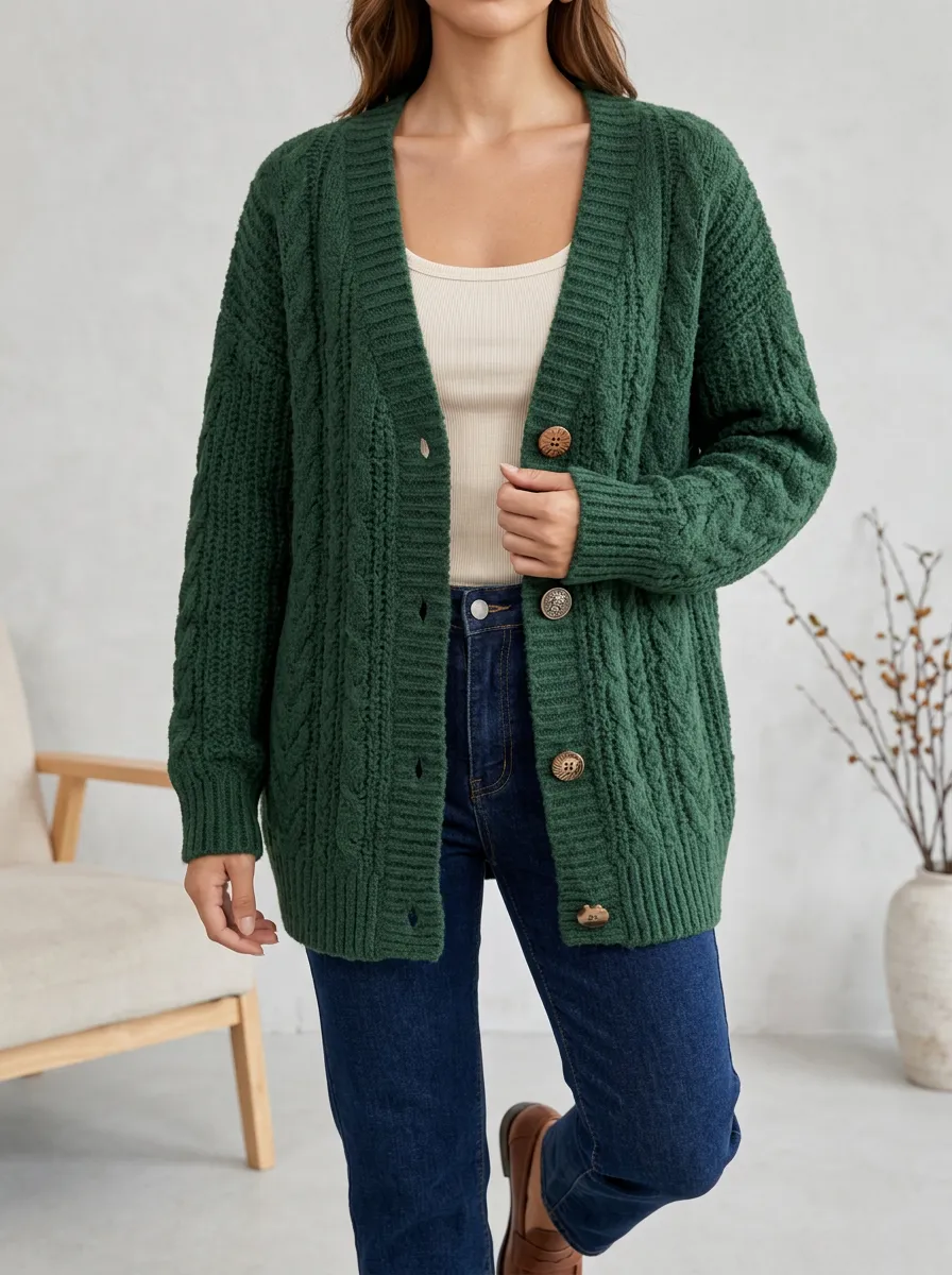 Women's Everyday Layered Cable Knit Button Front V Neck Cardigan
