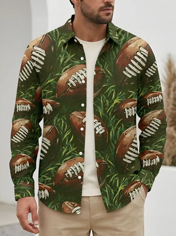 Men's American Football Grass Pattern Printed Long Sleeve Shirt