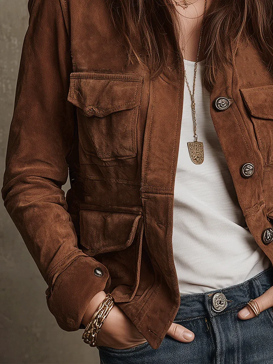 Multi-Pocket Faux-Suede Vintage Jacket