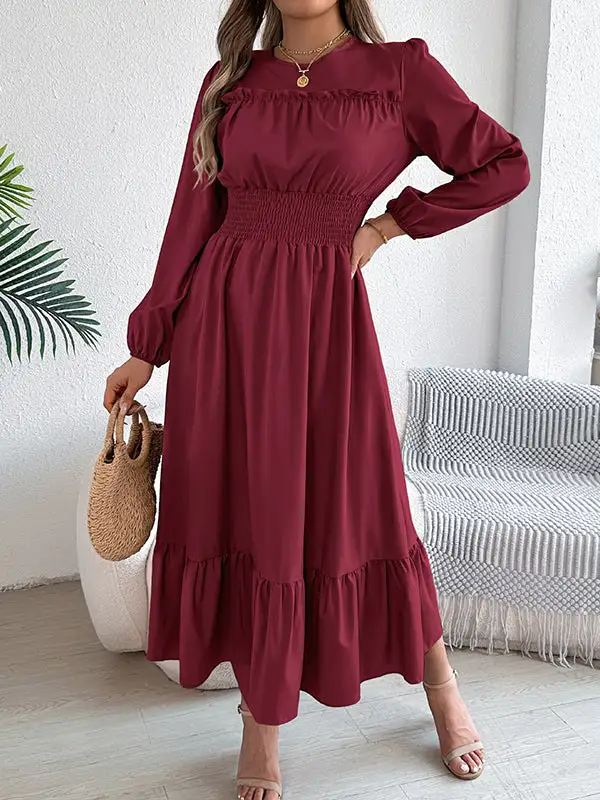 Elasticated Pleated Neck Maxi Dress