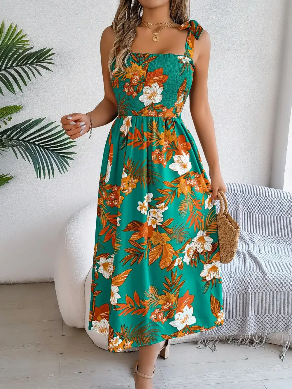 Smocked Floral Midi Dress